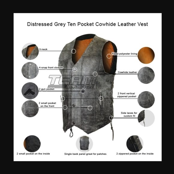 Distressed Grey Ten Pocket Cowhide Leather Vest - Picture 5 of 5